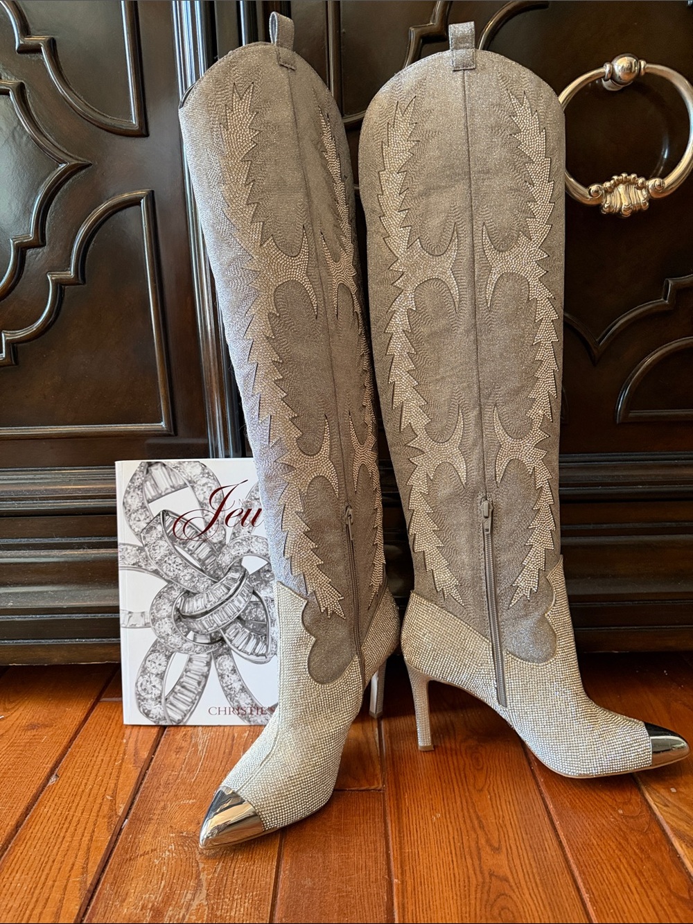 Gianni Bini Silver Rhinestone Over-the-Knee Western Stiletto Boots - Picture 5 of 11